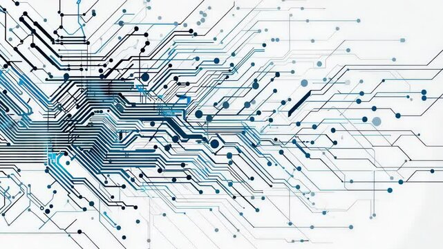 Abstract digital circuitry with blue lines on a white background representing technology and innovation.