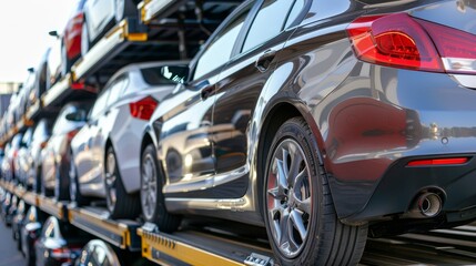 New Cars Parked On A Two Level Platform Of An Auto Dealer Delivery Trailer Truck For Transportation