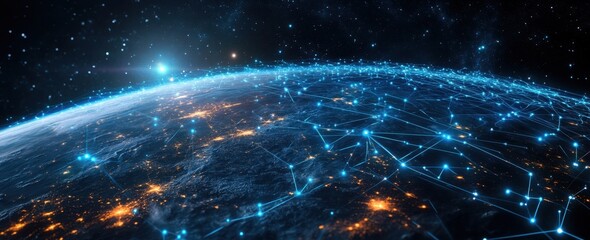 Obraz premium Planetary digital infrastructure with cross-border networks and data streams in a web banner