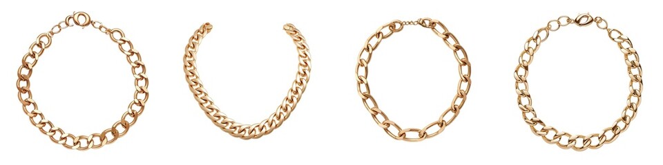 Set of elegant gold chains featuring unique designs, perfect for accessorizing and enhancing any outfit or jewelry collection.