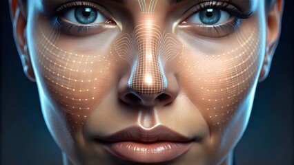 Digital portrait of a woman with overlaid mesh lines, facial recognition concept