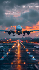 Airplane taking off at sunset from a busy airport runway with dramatic skies and illuminated lights