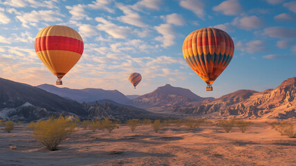 Naklejka premium Balloons ascend into the morning glow over a serene desert landscape with majestic mountains