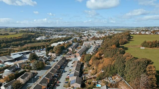 Aerial panoramic view of residential houses in urban neighborhood. Housing estate in town. Yorkshire, UK