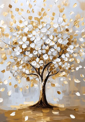 An abstract painting of a blooming tree with textured white and golden leaves, set against a soft, neutral background, blending realism and impressionistic brushstrokes