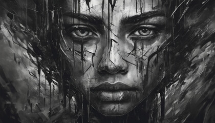 Black sketch of sad woman, depression concept, ai