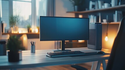 Well-organized home office with laptop and minimal clutter