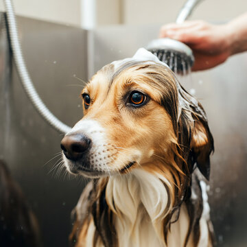 Dog taking a bubble bath in grooming salon