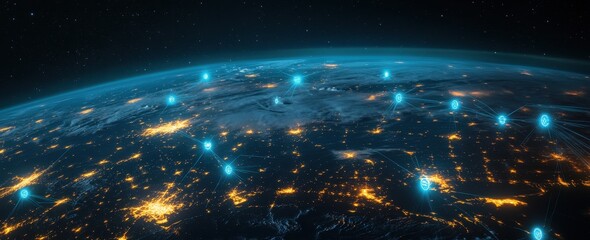 Fototapeta premium Digital business ecosystem showcasing worldwide connections virtual currency and IoT on a wide banner layout