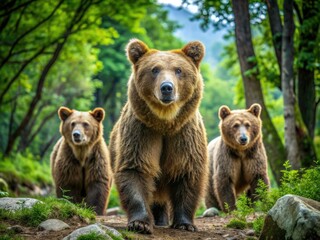 Fototapeta premium Majestic rescue bears roam freely in a tranquil forest haven at a Bulgarian sanctuary, enjoying a second chance at a peaceful life.