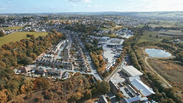 Aerial panoramic view of residential houses in urban neighborhood. Housing estate in town. Yorkshire, UK