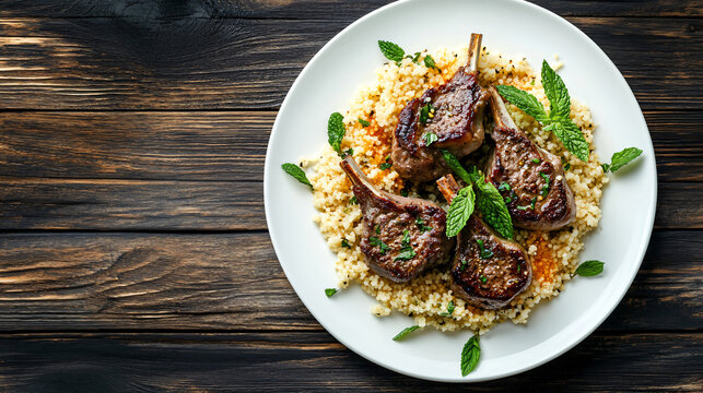 Grilled lamb chops served on a bed of couscous and decorated with fresh mint leaves on white plate over wooden background