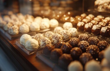A close-up of chocolate truffles in a display case, showcasing the variety and beauty of these sweet treats.