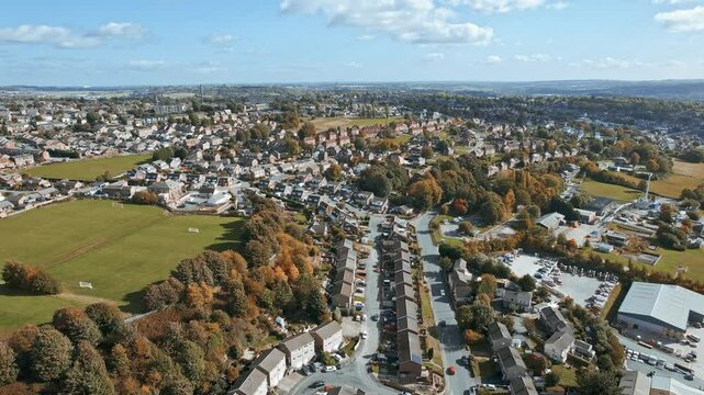 Aerial panoramic view of residential houses in urban neighborhood. Housing estate in town. Yorkshire, UK