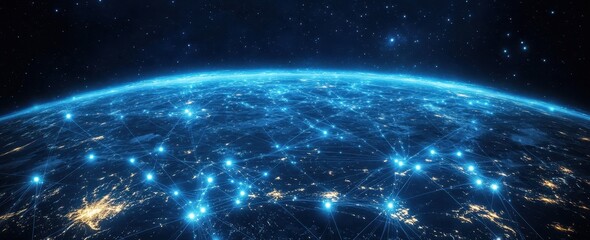 Obraz premium Online business system showcasing global grids crypto and IoT on a broad banner layout