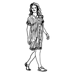 Walking young woman wearing summer dress and sandals. Hand drawn linear doodle rough sketch. Black and white silhouette.