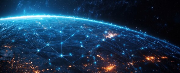 Obraz premium Earth's digital system portrayal with worldwide grids and data flows in a web banner