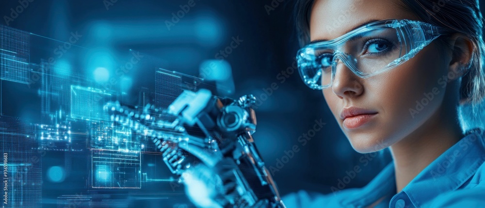 Poster female engineer working with advanced robotic interface in high-tech environment