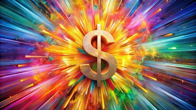 A dollar sign implodes, radiating a kaleidoscope of colors, swirling spirals of emerald, sapphire, and amethyst, bursting forth in a dazzling display of technicolor vibrancy.