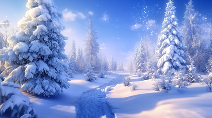 Fototapeta premium Winter Wonderland with Frosted Trees, Blue Sky, and Sparkling Snow for a Festive and Joyful Christmas Celebration