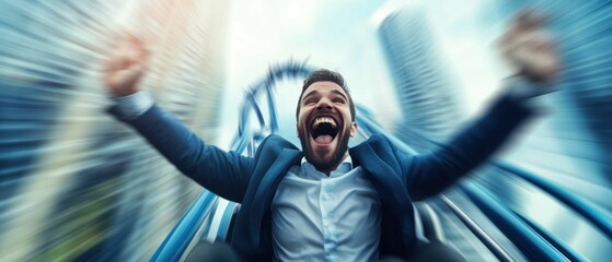 Excited Businessman on a Roller Coaster with a Bright Sky Background