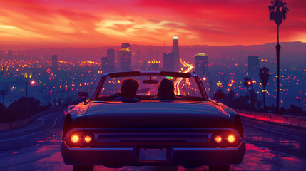 A couple is driving in a convertible car at night