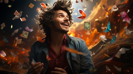 A person with wild hair and a mischievous grin, surrounded by flying playing cards on a psychedelic background