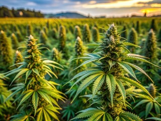 Mature cut cannabis plants lie in a field, showcasing the intricate texture of their leaves, highlighting agricultural and medical cannabis cultivation and harvesting practices.