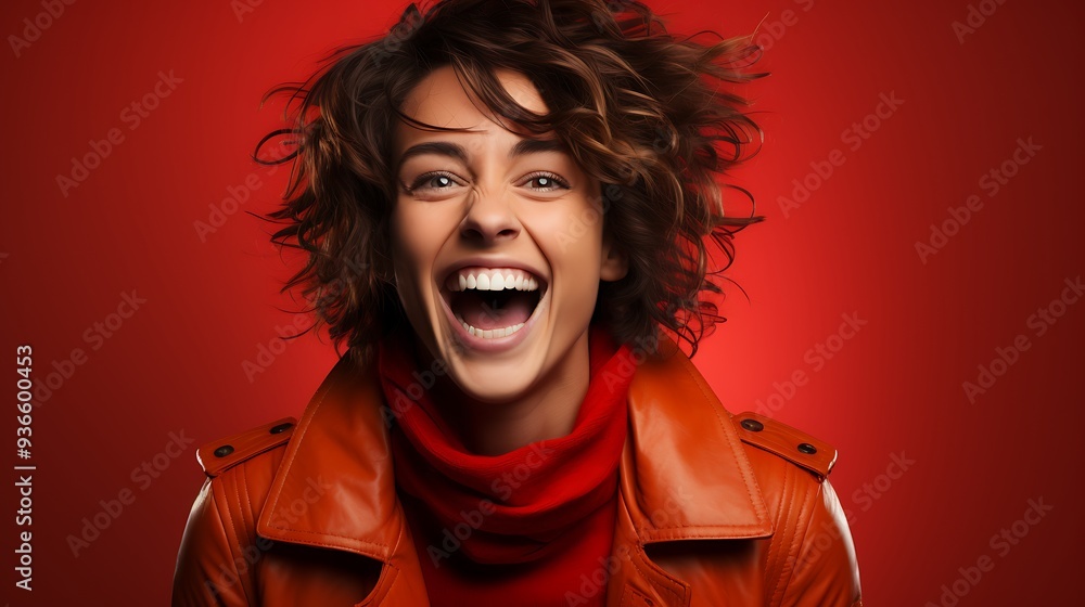 Wall mural A person with wild, unkempt hair and wide eyes, laughing hysterically against a solid red background