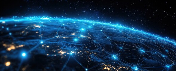 Obraz premium Internet business framework featuring international connectivity virtual money and smart objects on a broad banner format