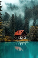 Obraz premium Tranquil Cabin by a Misty Lake - A serene cabin with a red roof nestled by a turquoise lake, surrounded by dense forest and misty mountains in a peaceful setting.