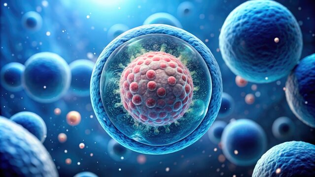 Microscopic illustration of a zygote, a single cell resulting from fertilization, with pronuclei merging, marking the beginning of a new life form's development process.