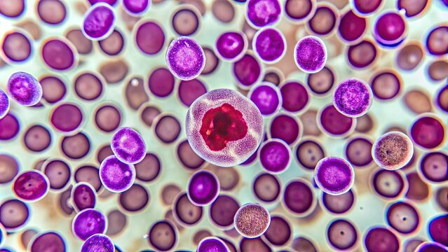 Microscopic view of a blood smear showing a low count of monocytes, a type of white blood cell, indicative of monocytopenia, a rare hematological disorder.