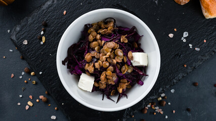 Salad of red cabbage, lentils and feta cheese.