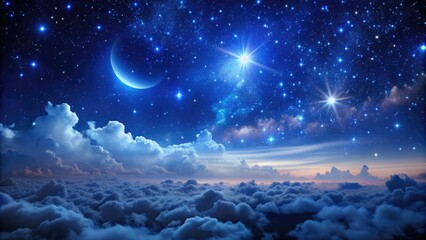 millions of twinkling stars illuminate the dark blue night sky, with soft, feathery clouds and a subtle moon glow in the background.