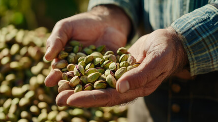 the pistachio baron of Bronte, gently holds a handful of fresh, green pistachios, letting them symbolically fall back into a colossal pile. The background features a traditional Sicilian farm