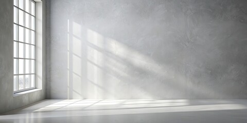 Fototapeta premium Minimalist studio background with soft white and grey tones, subtle window shadow, ideal for product display, text insertion, and presentation with a clean aesthetic.