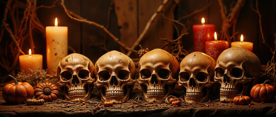 Skulls and pumpkins, Halloween horror decorations on a table with candles, spooky trick or treat ornaments, frighteningly scary, dark ambiance.