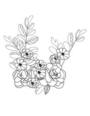  Floral pattern for coloring book. Flower coloring book Page. Vector black and white coloring page for colouring book. Leafs and flowers in monocrome colors. adult coloring book. Adult book