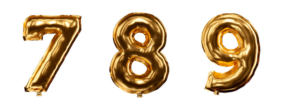 bal&atilde;o 3d dourado met&aacute;lico, n&uacute;mero 7 8 9 bal&atilde;o dourado, isolado para festas de ano novo