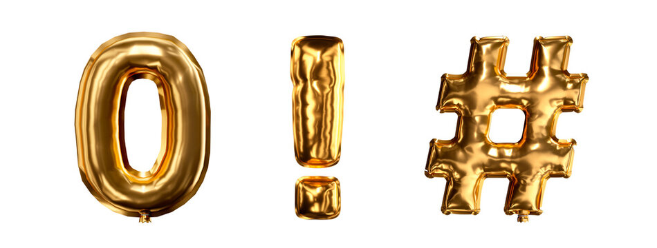 bal&atilde;o 3d dourado met&aacute;lico, n&uacute;mero 0 e s&iacute;mbolos de hashtag e exclama&ccedil;&atilde;o, isolado para festas de ano novo