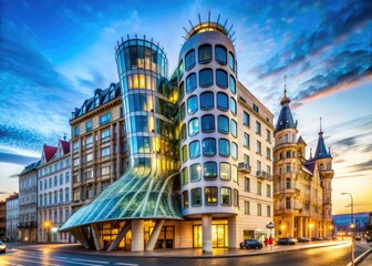 Fototapeta premium Modern architectural marvel in Prague's cityscape, featuring a futuristic building complex with a striking, curved facade and sleek lines, showcasing innovative design.