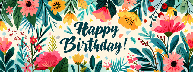 A vibrant floral arrangement featuring colorful flowers and greenery, celebrating a joyous birthday with a cheerful 'Happy Birthday!' message.