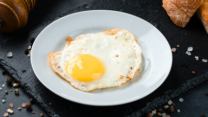 Breakfast fried eggs with bread, salt and pepper on a dark background.