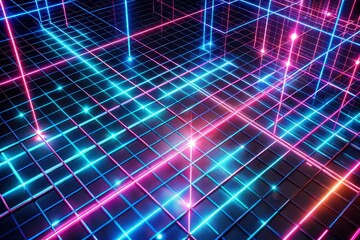 Fototapeta premium A futuristic cityscape emerges with a grid pattern illuminated by neon lights that pulse and shimmer, casting an otherworldly glow on the surrounding city.