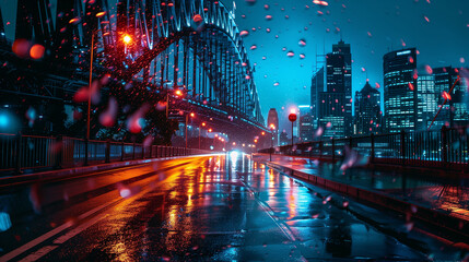 A city street with a bridge in the background and a car driving down the street