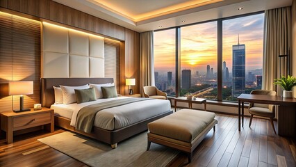 Modern boutique hotel room with comfortable king-size bed, elegant wooden furniture, and large windows offering stunning city skyline views at sunset.