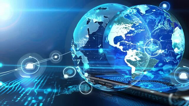 Digital globe network connecting worldwide data and communication through technology, emphasizing globalization and interconnectedness.