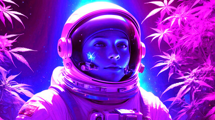 A breathtaking, high-contrast, cinematic portrait of an astronaut clad in a polarized visor, surrounded by a lush, vibrant, and thriving cannabis forest, with neon hues of electric blue, green, and pu