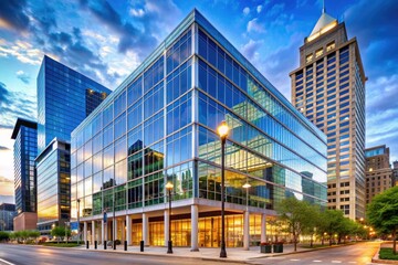 Obraz premium Modern corporate office building with sleek glass and steel design, situated in downtown Cincinnati, Ohio, serves as the hub for a major American supermarket chain.